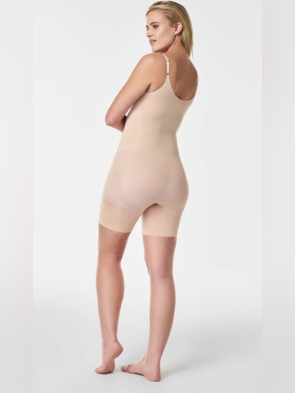SPANX Nude High-Back Sculpting Bodysuit Shorts Mid Thigh Adjusable Straps